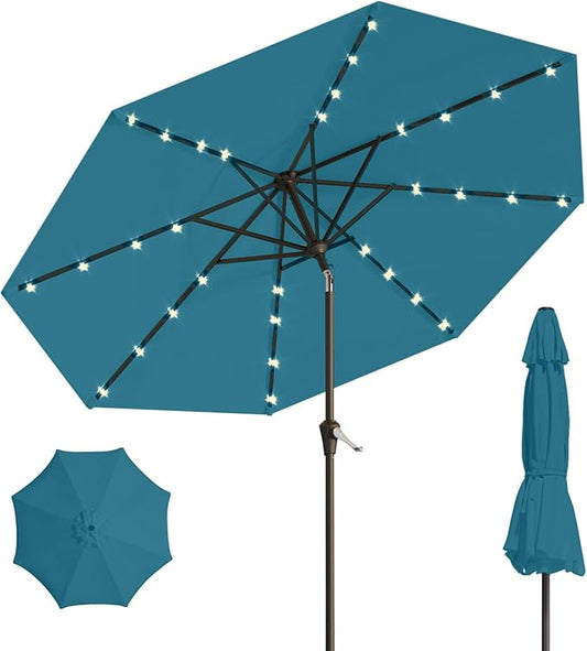 10FT Solar Umbrella 32 LED Lighted Patio Umbrella Table Market Umbrella w/Tilt and Crank, UV-Resistant Outdoor Umbrella for Pool, Garden, Deck, Lake Blue