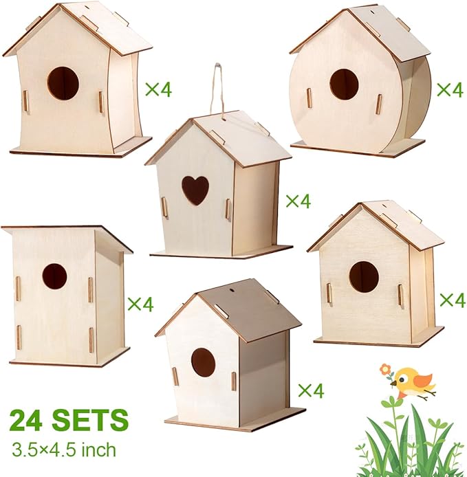 24 Sets DIY Wood Birdhouse Bulk for Kids Parties and Classrooms, Art Painting Bird House Craft Kit Unfinished Wood Bird Houses to Paint for Kids 3+ Spring Summer Arts and Craft Projects