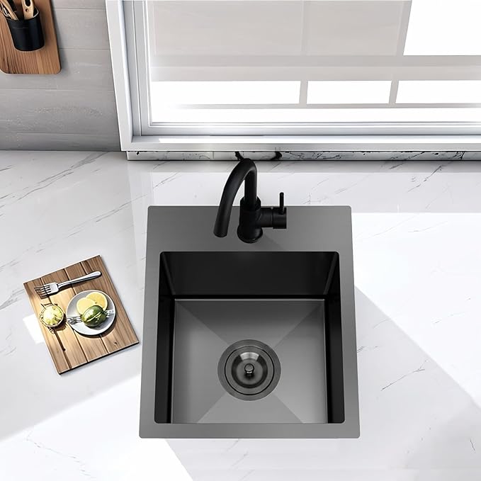 13x15 Inch Black Bar Sink Drop In Kitchen Sink, Topmount Stainless Steel Square Small Workstation Sinks, Single Bowl Kitchen Sinks for Laundry Wet Bar Prep RV Office Outdoor Yard,VALISY JB029B