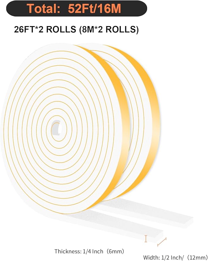Weather Stripping Door Seal,Weather Stripping,Soundproof,Cold Insulation,High Density CR Foam Insulation Tape for Door,Windows (White, 1/2 in x 1/4 in x 52Ft)
