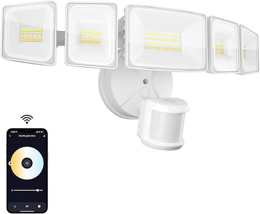 Onforu 5 Heads 65W Smart LED Security Lights Motion Sensor Outdoor, 340° Illumination WiFi Alexa Flood Light 5500LM APP Control, 2500K-6500K Exterior Motion Detector, IP65 Wall Light for Yard, White