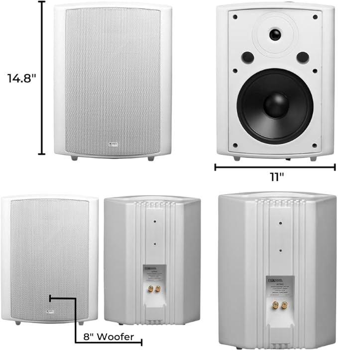 OSD Audio 8" Outdoor Patio Speaker Pair 180W, Weatherproof IP54 Rated Aluminum Grilles, White AP840