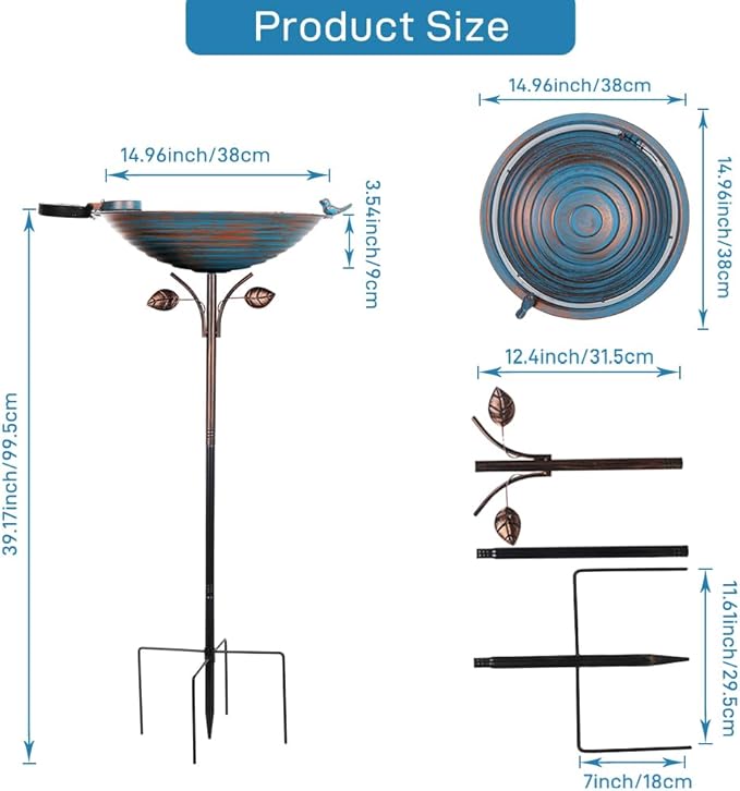 Metal Bird Bath with Stake, Large Standing Birdbath with Solar Light, 39" Tall Bird Bath & Feeder with 15" Bowl & Decorative Cast Iron Bird for Outside Garden Patio Yard Decor