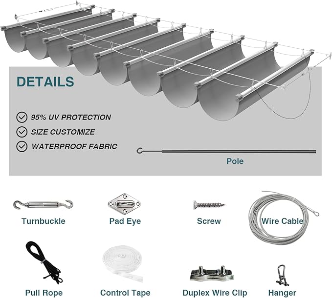 ECOOPTS 7'x13' Retractable Waterproof Wave Sun Shade Canopy Pergola Cover Shade Sail Awning for Outdoor Patio Porch Garden Deck Backyard (Light Grey)