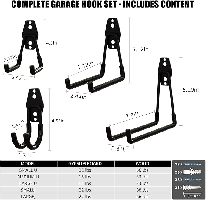 Garage Hooks, 12 Pack Wall Hooks for Hanging Heavy Duty Ladders, Bikes, Tools Ideal for Garage, Garden, Basement Utility Room Storage (Black)