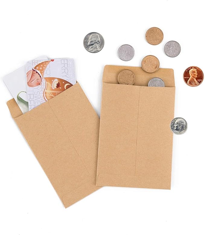 100 Pack Small Coin Envelopes Self-Adhesive Kraft Paper Seed Envelopes Mini Parts Small Items Stamps Storage Packets Envelopes for Garden, Office or Wedding Gift (Brown, 3.23×4.53 inch)