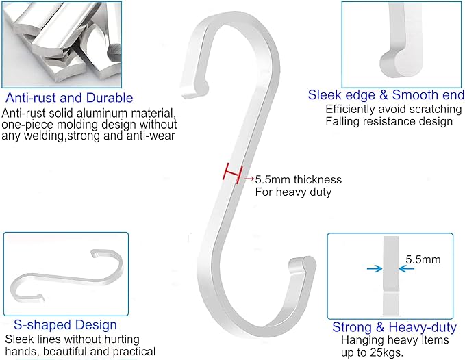 20 Pack S Hooks - White Heavy Duty S Shaped Hangers - Pan Pot Holder Rack for Hanging Pans Pots Cups Clothes Bags Towels Plants - Kitchen Bathroom Garden Office