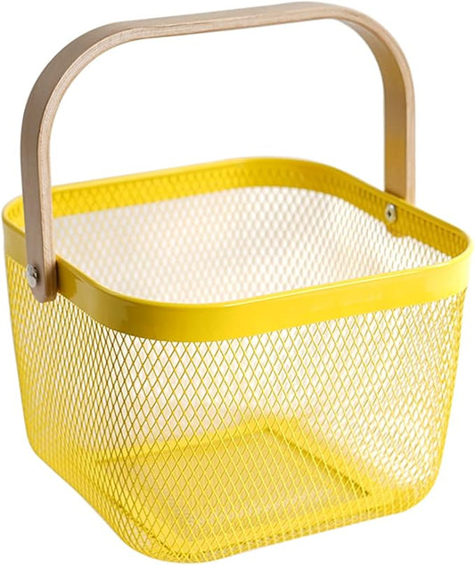 Metal Mesh Steel Harvest Basket, Square Wire Garden Basket with Handle – Multi-Functional Storage Organizer for Gathering Vegetables, Fruits, Kitchen, Garden, Picnic & Cabinet (Yellow)