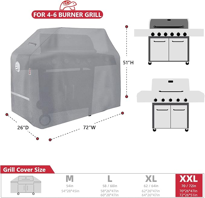 Turtle Life BBQ Grill Cover, 72 Inch Heavy Duty Waterproof 4-6 Burner Barbecue Gas Grill Covers for Weber Genesis Char-Broil Brinkmann, Gray