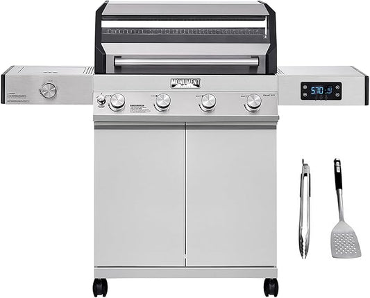 Monument Grills Denali D405 4-Burner Liquid Propane Gas Smart BBQ Grill Stainless Steel with Barbecue Tool Set - Spatula & Tongs (2 items)
