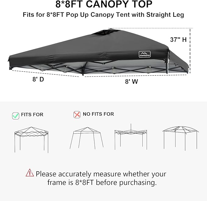 KAMPKEEPER Replacement Top Pop Up Canopy Tent Cover Roof with Air Vent and Adjustable Elastic Strap, Polyester UV Waterproof for Outdoor Garden Patio Sun Shade(Top Only) (Black, 8x8FT)