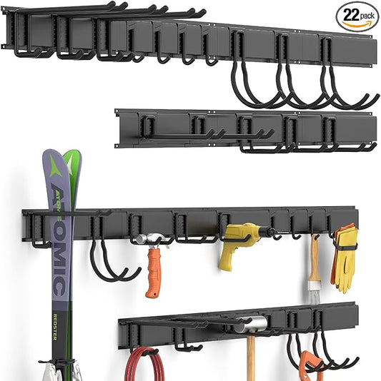 Ultrawall Garage Storage Organization, Garden Tool Organizer Garage Organizer Wall Mount Yard Tool Organizer Rack with 15 Hooks, Heavy Duty Wall Holders,22 Pcs