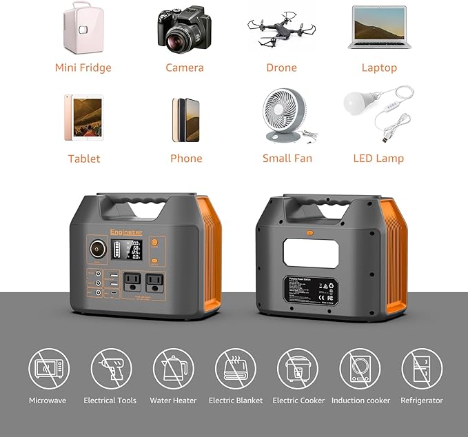 Portable Power Station EnginStar 300W Solar Generator 110V 296Wh Power Bank Two Pure Sine Wave AC Outlet 80000mAh Lithium Battery Pack for Camping Outdoors Trip RV Hunting Vans Emergency Backup