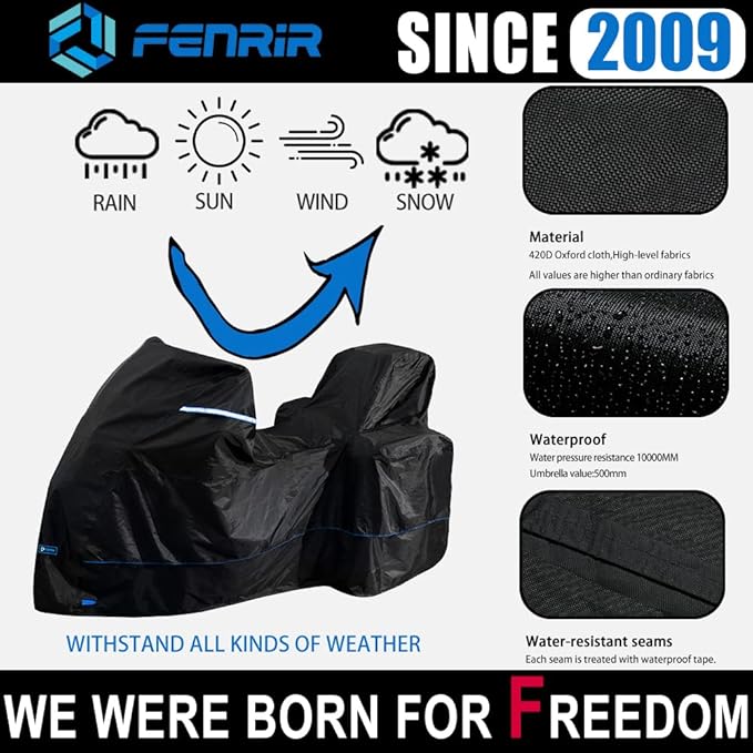 FENRIR 420D 90"INCH Motorcycle Cover Waterproof Outdoor Storage compatible with Adventure MaxiScooter R1300GS R1250GS S1000XR Multistrada Vstrom Versys Tracer9 Tenere700 Africa twin NC750 XMAX Burgman