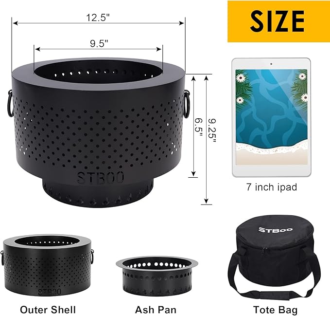 STBoo 13 Inch Smokeless Fire Pits for Outside with Portable Carrying Storage Bag, Smokeless Camping Stove, Low Smoke Outdoor Fireplace for Bonfire Picnic Backyard Cooking on Beach, Black, S