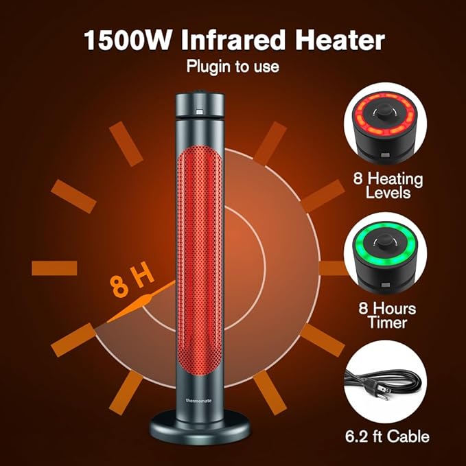 ThermoMate Electric Patio Heater, 1500W IP65 Outdoor/Indoor Infrared Heater with Remote, 8 Heating Levels 8-Hour Timer & Oscillation, Tip-over Protection for Garage Backyard Restaurant