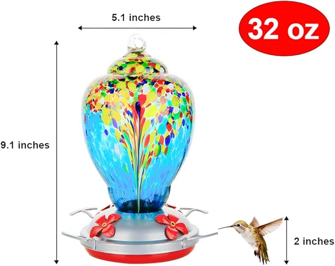 WOSIBO Hummingbird Feeder for Outdoors Patio Large 32 Ounces Colorful Hand Blown Glass Hummingbird Feeder with Ant Moat Hanging Hook, Rope, Brush and Service Card (Blue-White)