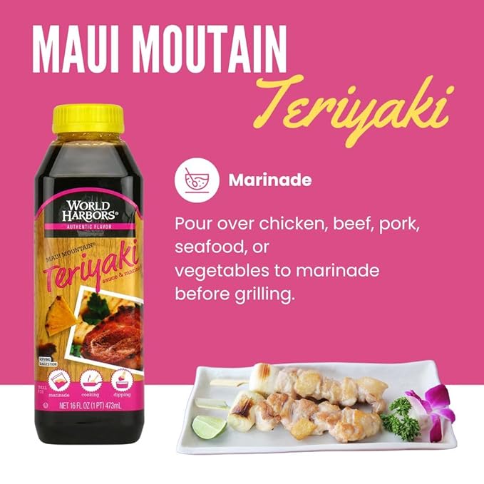 World Harbors Maui Mountain Teriyaki Sauce & Marinade Perfect for Fish, Chicken, Beef, Pork, Wings, Dumplings, Shrimp, Steak, Stir-Fries, Rice & Vegetables Made in USA 16-Fl Oz Bottle, (Pack of 2)