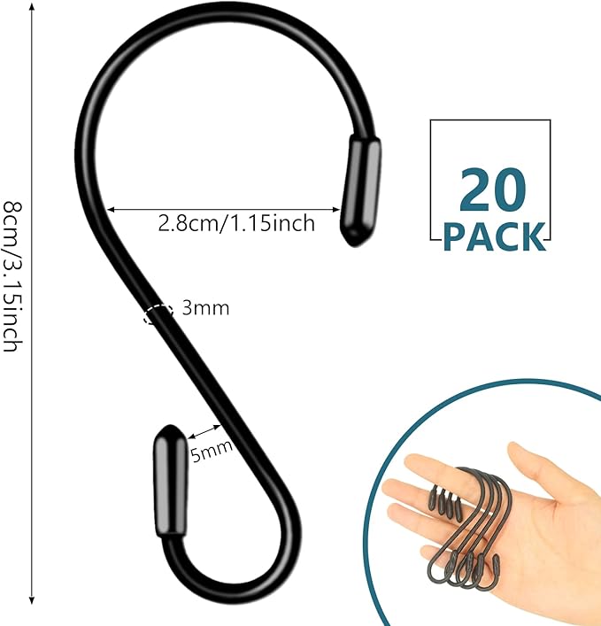 20 Pack 3.15 Inch S Hooks Stainless Steel Hanging Hooks Heavy Duty S Hooks for Hanging Kitchenware, Pots, Pans, Plants, Clothes, Towels in Kitchen, Bathroom, Closet, Garden (Black)