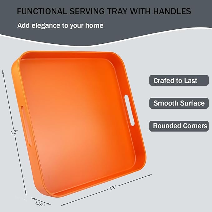 Square Orange Decorative Serving Tray with Handles, Versatile Ottoman Tray for Coffee Table, Entertaining, Outdoor Patio, Living Room, 13”*13”*1.6”