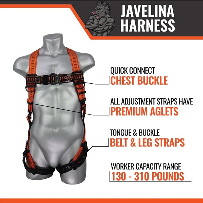 Malta Dynamics Javelina Safety Harness for Fall Protection, Lightweight, Comfortable Construction Harness, Tongue & Buckle