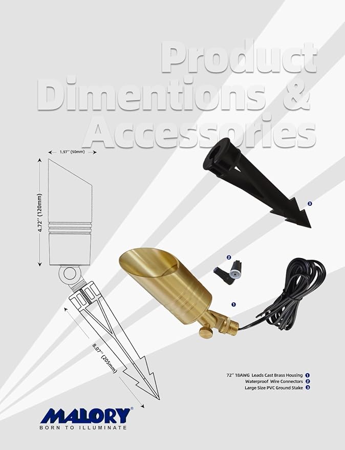 MALORY Brass Landscape Spotlight,12V AC/DC Low Voltage LED Landscape Lighting,Waterproof Spot Up Light for Garden,Patio and Yard (1-Pack Without Bulb)