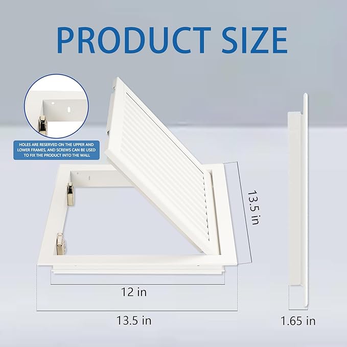 13.5 x 13.5 inch - Access Doors - Access Panel for Drywall with Push-Button Switch - Access Panel with Vent - Aluminum Alloy - White - Good Ventilation - Inside Dimensions: 12 x 12 inch