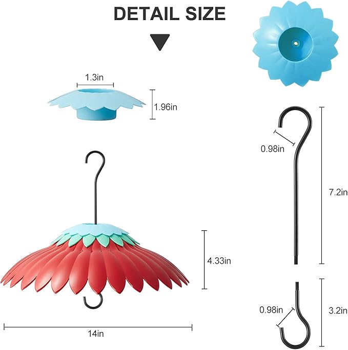 Squirrel Baffle for Hanging Bird Feeder Rain Cover for Outside Weather Guard Protect Feed from Sun Blue Dome Attract Hummingbirds, Moat Proof, Easy to Clean-14inch(Red)