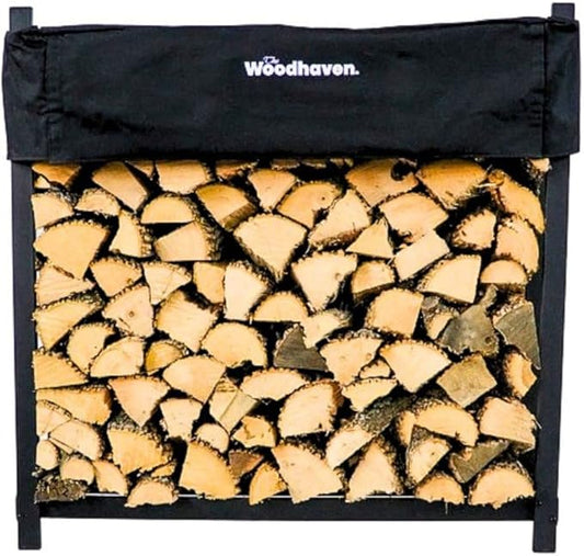 Woodhaven Black 4 Foot - Heavy Duty Made In USA - Indoor Outdoor - 1/4 Cord Firewood Storage Log Rack With Seasoning Cover Combo Set - Metal Log Storage - 48” x 48”
