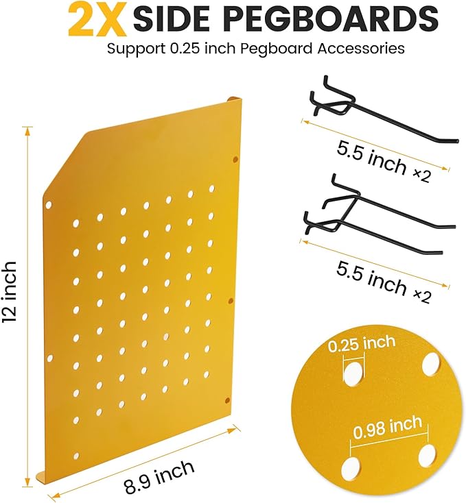 TRZZ Power Tool Organizer Wall Mount, 3-Layer Drill Holder with 2 Side Pegboards, Cordless Drill Rack with 4 Hooks, Efficient Storage for Workshop, Garage, and Tool Room (Yellow)