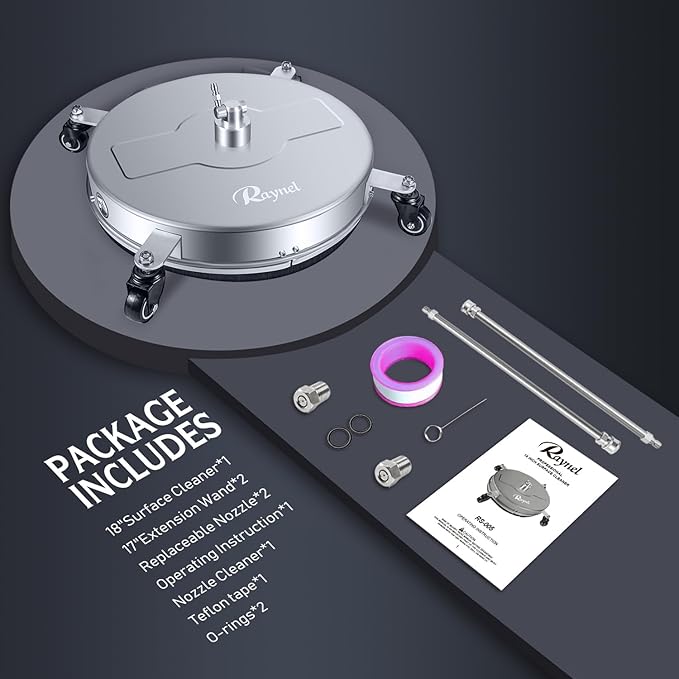 RAYNEL 18'' Pressure Washer Surface Cleaner with 4 Wheels, Stainless Steel Housing, 1/4" Quick Plug, 2 Extended Wands, 2 Replacement Nozzles and 5 Spray Nozzles