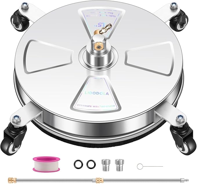 15" Pressure Washer Surface Cleaner with 4 Wheels - Stainless Steel Surface Cleaner for Pressure Washer Attachment for Concrete, Patio, Sidewalk, Deck, Driveways and Daily Washing - PWS 15