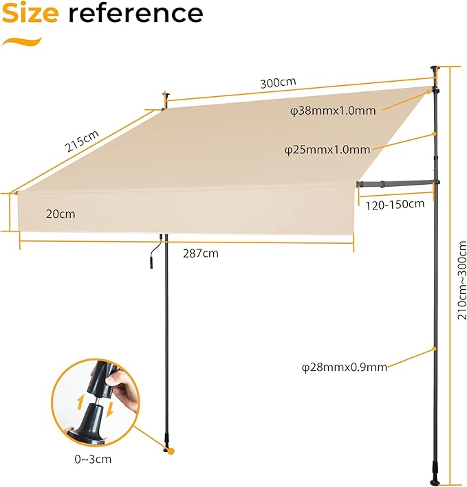 HOMEDEMO Manual Retractable Awning 118" W x 118" H,Side Bar 47-59in Patio Awning Retractable Outdoor Sunshade Shelter Height Adjustable Sunsetter Retractable Awning UV Protection for Backyard Garden