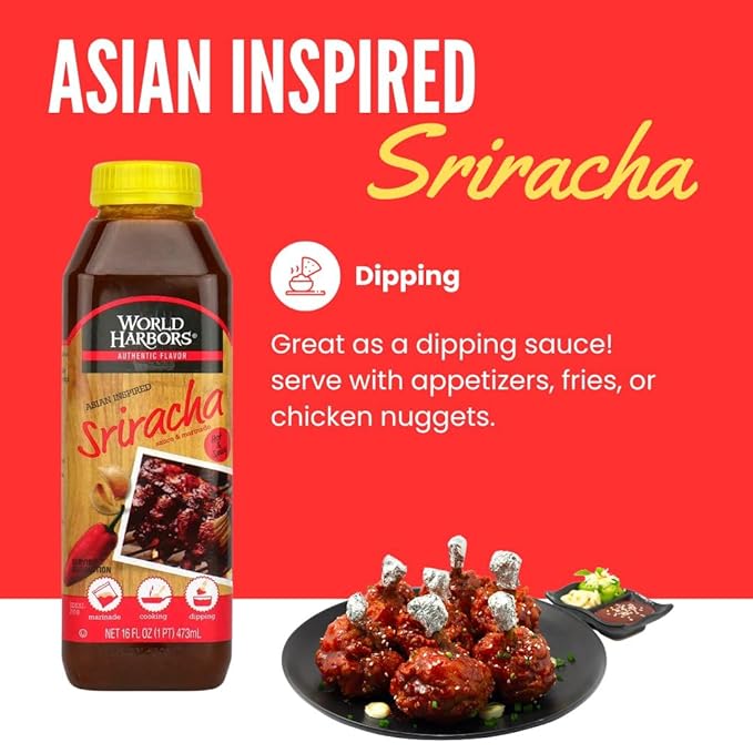 World Harbors Sriracha Hot Sauce & Marinade Perfect for Grilled Meats, Seafood, Dipping, Marinades & Garnishes - Enhance Your Meals with Sriracha Sauce Original Made in USA 16-Fl Oz Bottle (Pack of 2)