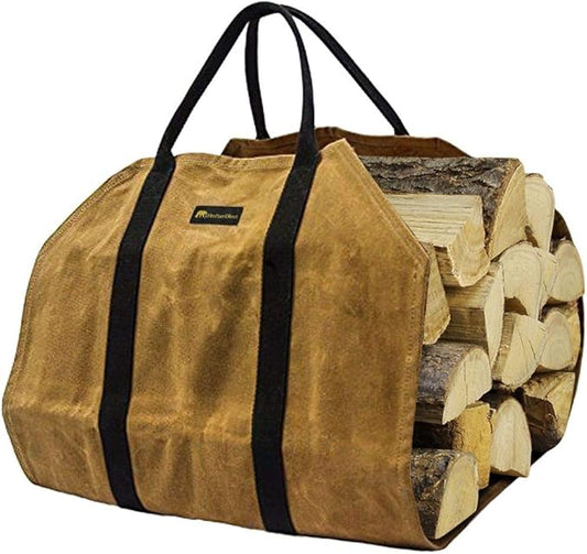 Sturdy Waxed Canvas Firewood Log Carrier, Durable Firepalce Wood Bag with Reinforce Duty Straps