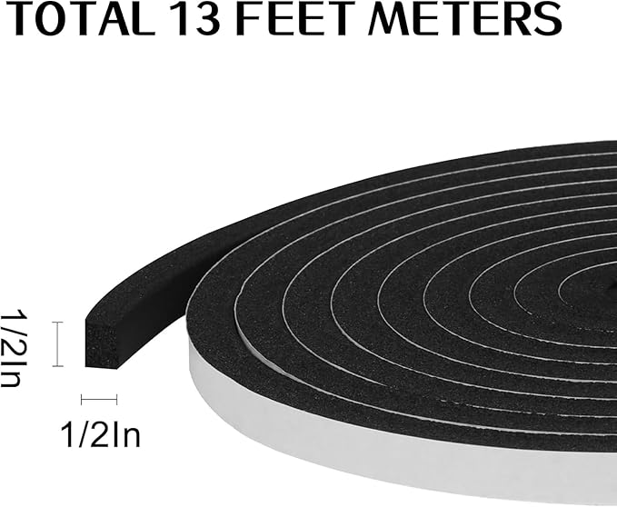Storystore Foam Insulation Tape Self Adhesive, 1/2In x 1/2In x 13Ft Weather Stripping for Doors and Windows, Sound Proof Soundproofing Door Seal, Weatherstrip, Air Conditioning Seal Strip