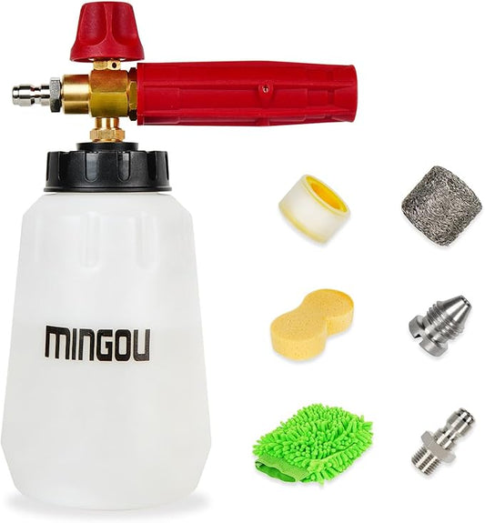 MINGOU Foam Cannon for Pressure Washer Soap Dispenser Snow Foam Cannon Car Wash with 1/4" Quick Connector,1L Bottle, Additional 1.15 mm Orifice Nozzle(Red)
