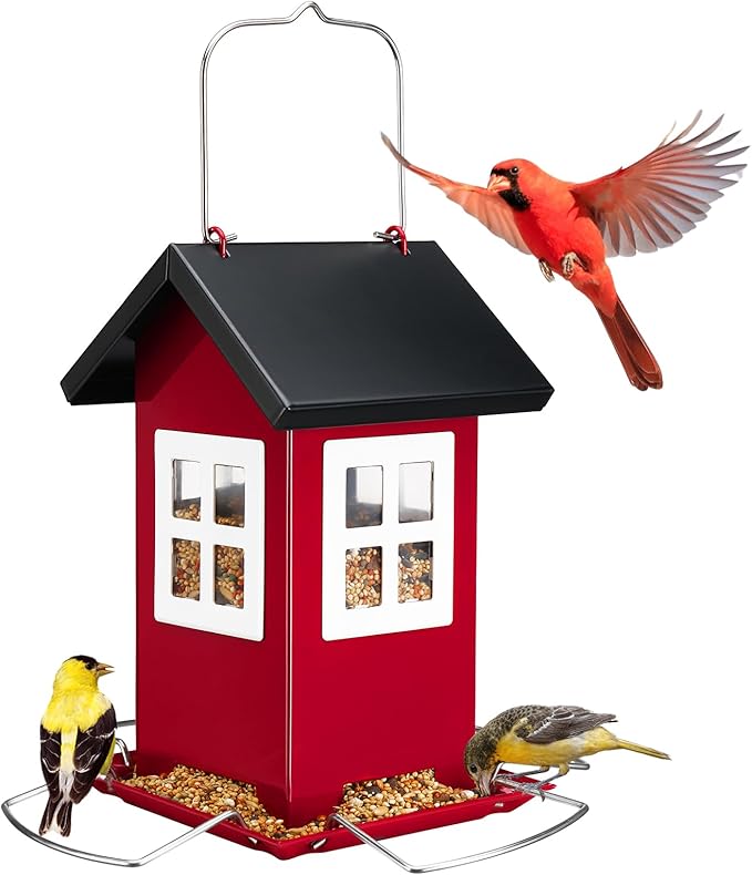Veehoo Bird House Feeders for Outdoors Hanging-Metal Wild Bird House Feeders with 4 Ports, Country House Design, Garden Yard Decor Weatherproof Hanging Bird Feeder for Outside, Red