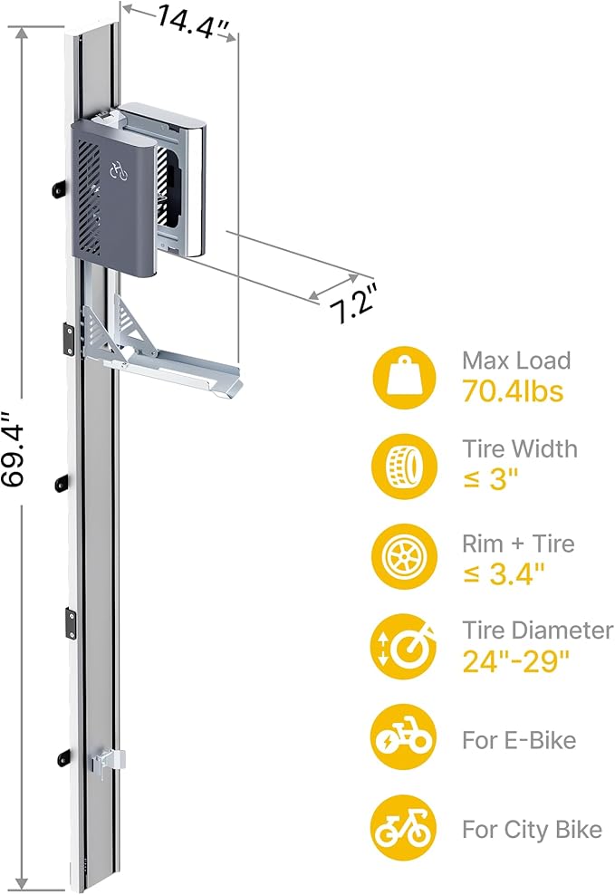 monTEK Automatic Lift EBike Rack – Fits 24-29" Tires, Heavy-Duty Vertical Wall Rack for Bicycles (Up to 71 lbs) - Effortless Lifting, Easy Install - Space-Saving Storage for Garage, Shed, SG