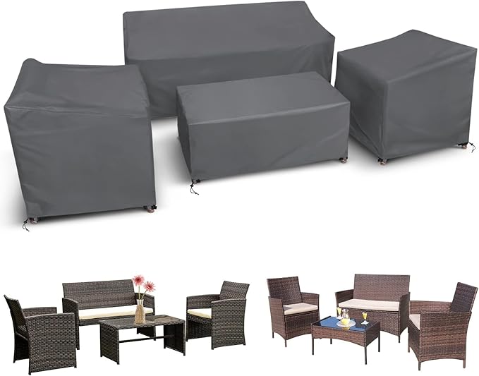 STARTWO Patio Furniture Covers 4 Piece Set, Heavy Duty Waterproof Outdoor Furniture Cover for Rattan Wicker Conversation Set, Grey