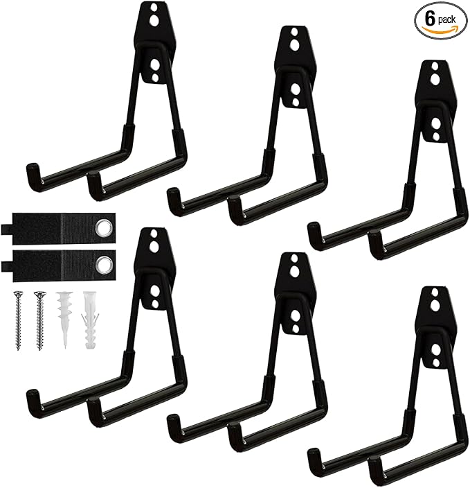 Garage Hooks, 6 Pack Medium Square Wall Hooks for Hanging Heavy Duty Ladders, Bikes, Tools Ideal for Garage, Garden, Basement Utility Room Storage (Black)