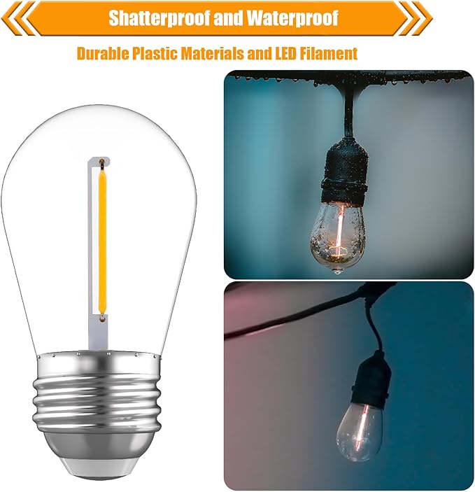 25 Pack S14 Replacement Bulbs for String Lights, 1W LED Waterproof Shatterproof Outdoor Light Bulbs, 2200K Amber Warm White, E26 Base, Non-Dimmable