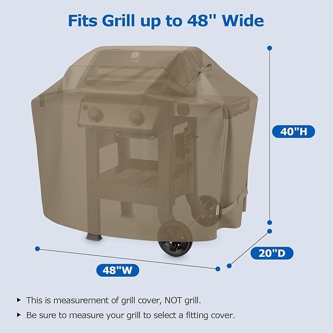 SunPatio Grill Cover 48 Inch for Outdoor Grill, Heavy Duty BBQ Cover with Waterproof Sealed Seam, FadeStop Material, All Weather Resistant Compatible for Weber CharBroil Nexgrill and More, Taupe