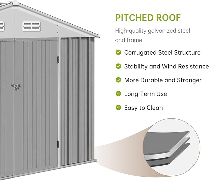 Garvee 10×8FT Outdoor Storage Shed, Metal Waterproof Garden Storage Shed Galvanized Steel Utility Tool Shed with Lockable Doors & Vents, All-Weather Shelter for Bike/Kids Car/Mowers/Tool, etc. Gray