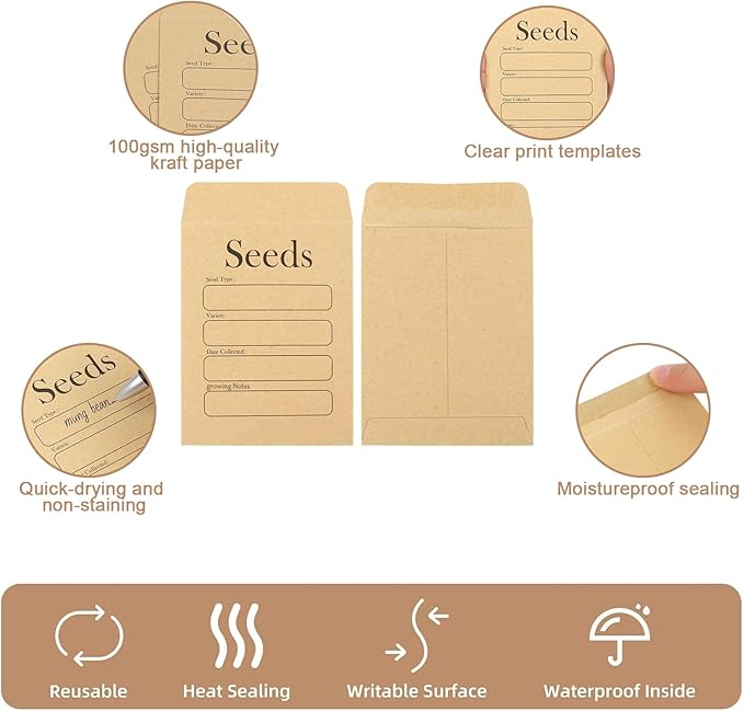 100 Pcs Seed Envelopes, 50 Pcs Plant Labels and 2 Marker Pens