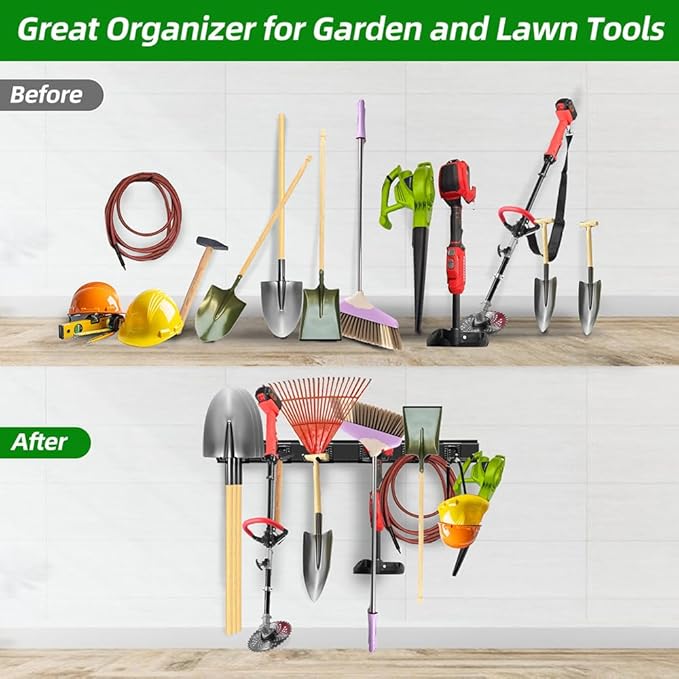Garage Organization, Garage Wall Organizer with 48 inches Rails and 6 Hooks, Tool Organizers Heavy Duty, Shovel Holder Wall Mount Max Load 360 LBS, Sturdy Garden Tool Rack for Folding Chairs