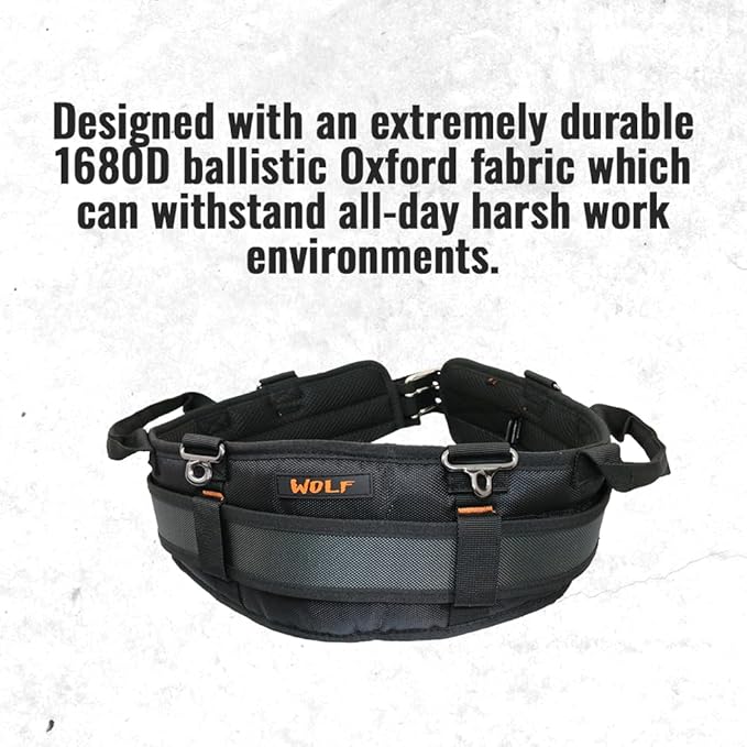WOLF WTH2110 Heavy-Duty Ballistic Padded Tool Work Belt | Compatible w/Pouches, Holsters & 4-Point Suspenders | Body Waist Comfort Lightweight Breathable | Contractors Handyman | Tongue Buckle