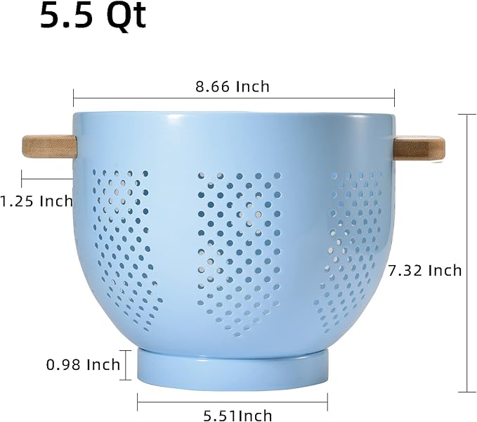 Metal Colander with Wood Handle and Stable Base, Powder Coated Steel Kitchen Strainer Basket for Draining Pasta, Vegetable and fruit(5.5quart,Blue)