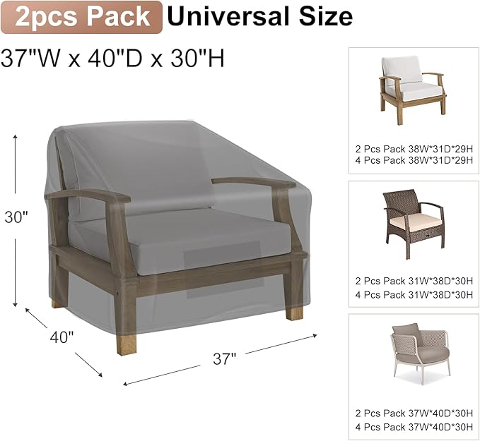 Patio Chair Covers for Outdoor Furniture Waterproof 2 Pack, Lawn Chair Covers 600D Heavy Duty Oxford Cloth, Large Covers for Lounge Lawn Deep Seat Black 37"W×40"D×30"H