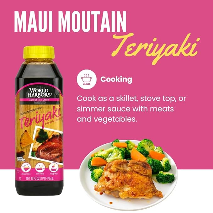 World Harbors Maui Mountain Teriyaki Sauce & Marinade Perfect for Fish, Chicken, Beef, Pork, Wings, Dumplings, Shrimp, Steak, Stir-Fries, Rice & Vegetables Made in USA 16-Fl Oz Bottle, (Pack of 2)